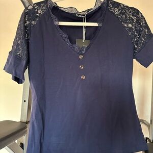 Navy Blue Lace Sleeve Women's Top